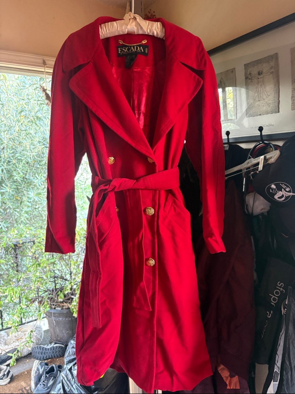 Escada genuine wool cashmere Red Double-Breasted Trench Coat Gold Buttons
